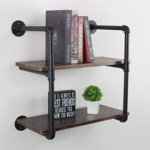 MBQQ Industrial Retro Pipe Shelf 24in 2 Tier Wall Mounted,Rustic Floating Shelves,Farmhouse Kitchen Bar Shelving,Home Decor Book Shelves,DIY Bookshelf Hanging Wall Shelves,Black