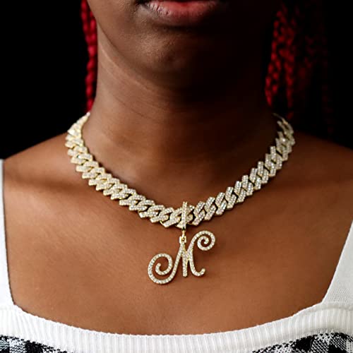 PTJDSMF Gold Silver Plated Initial Cuban Link Chain Necklace for Women Cursive Letter Gold Miami cuban link chain Iced out chain with pendant for women (Silver, T)