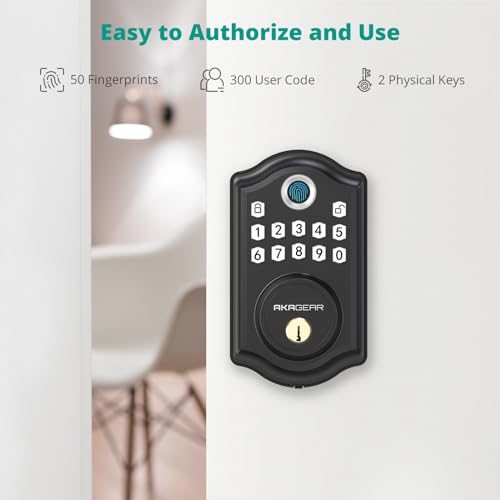 AkaGear Keyless Entry Door Lock with APP Control - Fingerprint Deadbolt Door Lock, Electronic Keypad Lock, Smart Locks for Front Door, Auto-Lock & One Touch Locking with Bluetooth - Matte Black