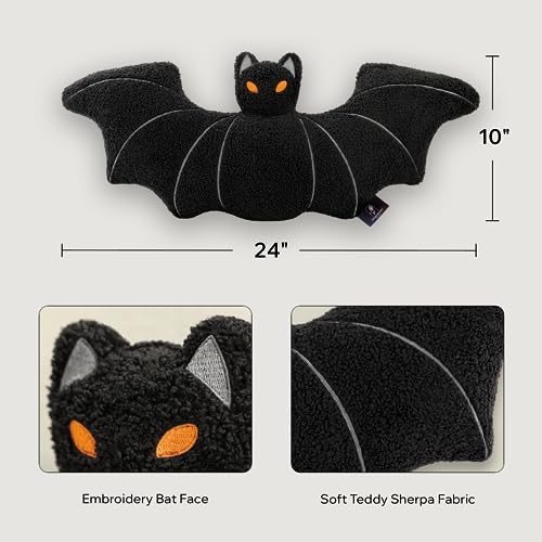 Phantoscope Happy Halloween Bat Shaped Throw Pillow, Teddy Fleece Embroidery Decorative Halloween Pillow for Couch, Sofa, Bed, Black 12 x 25.5 inches