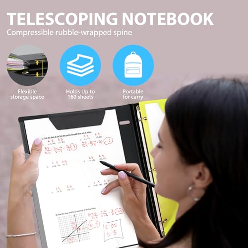 MAKHISTORY All-in-one Telescoping Binder Notebook-Black, Refillable 3 Ring Binder with Clear Front Cover+Catalog Pocket+5 Subject Dividers+1 Movable Pocket Folder+60 Sheets Notepaper