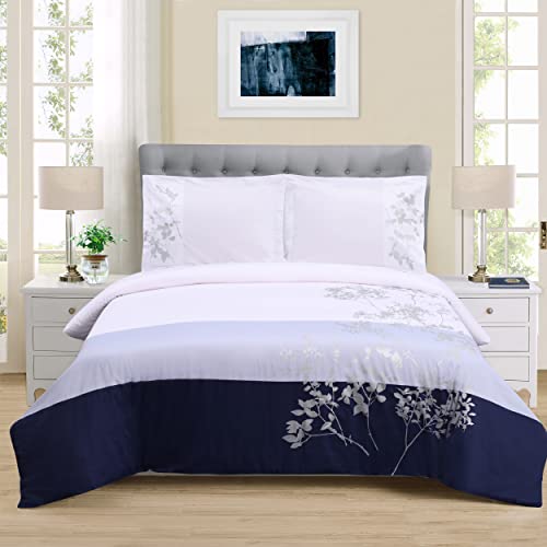 Superior 100% Cotton Duvet Cover Set, Soft 3-Piece Duvet Set, Includes 1 Duvet Cover with Button Closure, 2 Pillow Shams, Sydney Collection, Full/Queen Size, Blue