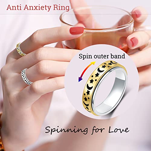 OreilleStar Anxiety Ring for Women Spinner Ring Fidget Ring Fidget Toys Adults Spinner Rings Stainless Steel Silver Rainbow Size 7 Moon Star Band