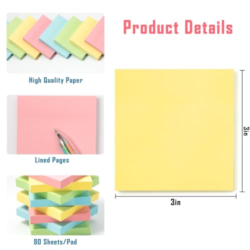 HappyHapi Sticky Notes 3x3 Inches Bulk 20 Pack 2000 Sheets Colored Self-Stick Pads, 100 Sheets/Pad, 4 Bright Colors (Yellow, Green, Pink, Blue) for Office Supplies, School, Home