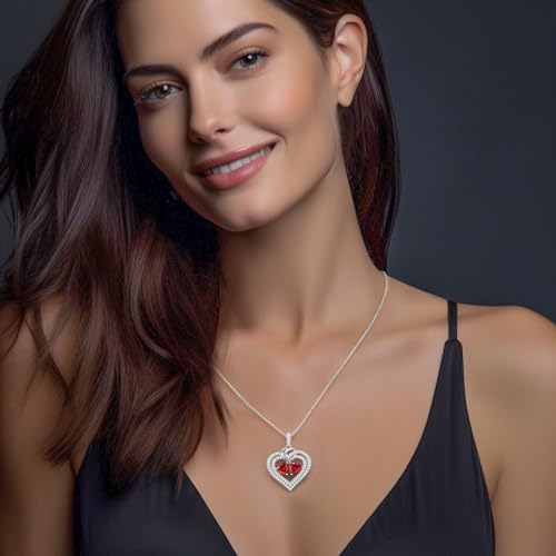 LOUISA SECRET Sparkling Double Heart Birthstone Necklaces for Women, 925 Sterling Silver Fine Jewelry, Pendant Heart Necklaces Birthday Anniversary Christmas Gift for Women Wife Mom Girlfriend Lady