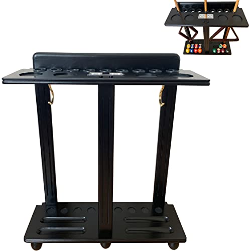GACCO BILLIARDS Floor Pool Cue Rack Hold 9 Cue Sticks & Billiard Accessories. Corner Stand Pool Cue Holder Made of 100% Solid Hardwood with Billiard Scorer.CUE RACK ONLY (Black)