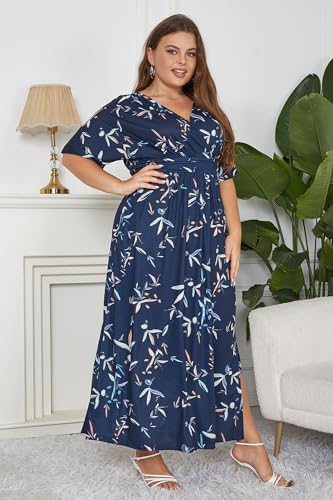 Keluummi Plus Size Wedding Guest Maxi Dress for Curvy Women, Summer Formal Floral Long Wrap Cocktail Dress with 3/4 Sleeve(16 Plus, 01 - Navy Blue Floral)