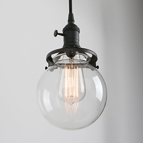 PERMO Vintage Rustic Industrial 3-Lights Kitchen Island Chandelier Triple 3 Heads Pendant Hanging Ceiling Lighting Fixture with Mini 5.9" Round Clear Glass Globe Shade (Black)