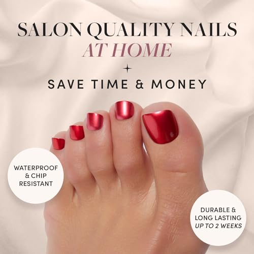 Glamnetic Press On Toenails - Cherry Glaze | Bright Red Fake Toe Nails with a Glazed Finish | 16 Sizes - 32 Toe Nail Kit with Glue