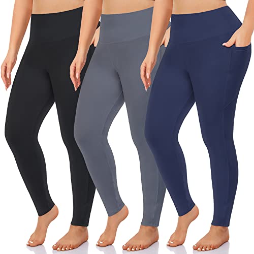 NEW YOUNG 3 Pack Plus Size Leggings with Pockets for Women,High Waist Tummy Control Workout Yoga Pants (X-Large, Black/Navy/Grey)