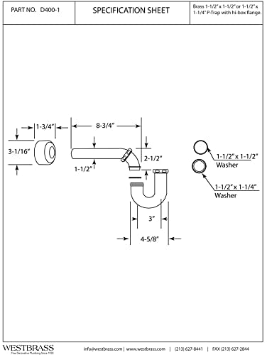 Westbrass R400-1-62 1-1/2" P-Trap with High Box Flange, Matte Black