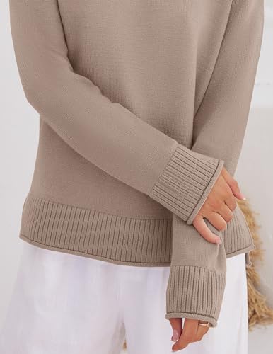 ZESICA Women's 2024 Fall Long Sleeve Crew Neck Soft Knit Side Slit Comfy Loose Pullover Sweater Jumper Tops,Nutmeg,Medium