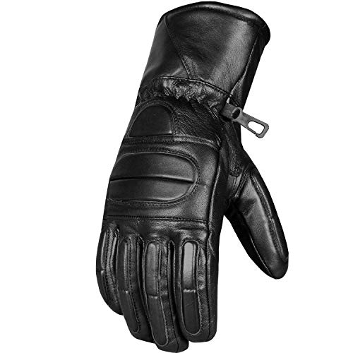 Men’s Winter Gauntlet Motorcycle Gloves, 100% Natural Sheep Leather, Thinsulate Thermal Heated Lining, Full Windproof Cold Weather Water Resistant, Reinforced Warm Biker Driving Glove Black S