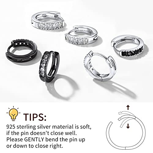 ChicSilver 10MM Small Black Hoop Earrings for Women 925 Sterling Silver White Cubic Zirconia Tiny Huggie Earrings Hypoallergenic Lightweight Hoops Cartilage Earrings