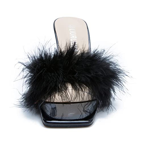 LIURUIJIA Women's Square Toe High Heel Mule Sandals Pink Fuzzy Heels heels Wedding bridal Party Dress Shoes Photo Like To Take Pictures