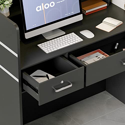 AIEGLE Reception Desk with Drawers & Storage Shelves, Table with Private Panels, for Salon Reception Room Checkout Office, Black (47.3" L x 18.3" W x 43.3" H)
