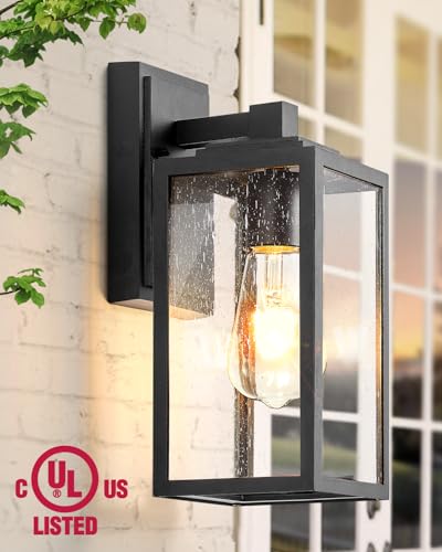 VIANIS Outdoor Wall Lights, Porch Lights Outdoor Lantern, Black Waterproof Outdoor Light Fixtures Wall Mount with Seed Tempered Glass