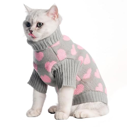 KOOLTAIL Cat Sweater Turtleneck- Soft Knit Cat Sweaters for Cats Only, Heart Love Pattern Thick Warm Cold Weather Clothes, Valentine's Day Pet Outfit for Small Medium Large Size Kitten Puppy Grey S