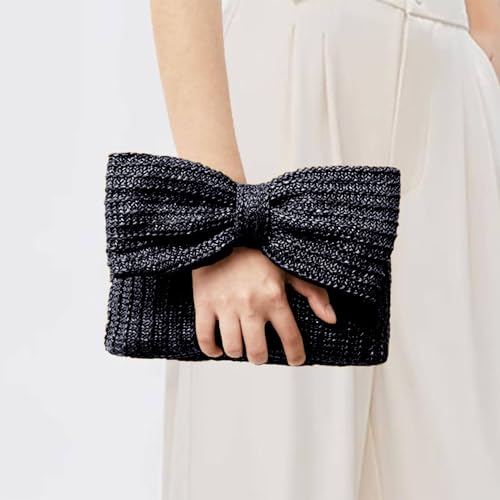 YYW Women Straw Clutch Purse Woven Bowknot Envelope Handbag Wedding Clutch Bag for Vocation Party (Black)