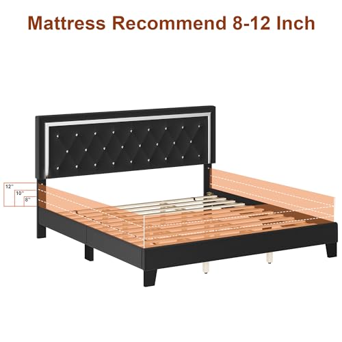HITHOS King Bed Frame, Upholstered Platform Bed Frame with Modern Adjustable Headboard, Diamond Tufted Mattress Foundation with Wooden Slat Support, No Box Spring Needed, Easy Assembly (King, Black)