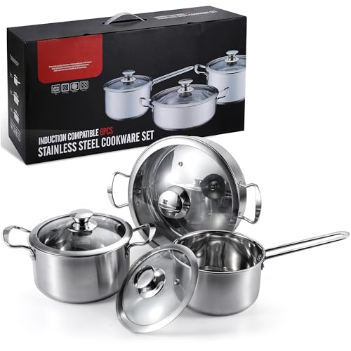 Stainless Steel Pots and Pans Set, 6 Piece Kitchen Cookware Sets with Glass Lids, Stay Cool Handle, Works with Induction, Electric and Gas Cooktops, Non Toxic, Oven & Dishwasher Safe