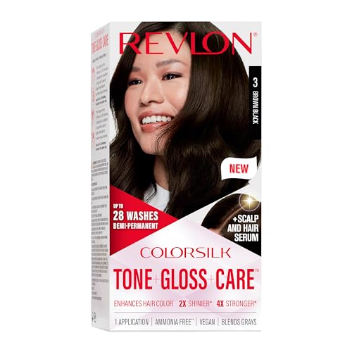 Revlon ColorSilk Tone + Gloss + Care Demi Permanent Hair Color, Hair Dye with Leave in Scalp and Hair Serum, 2x Shinier, 4x Stronger, 3 Brown Black, 4.5 fl. oz