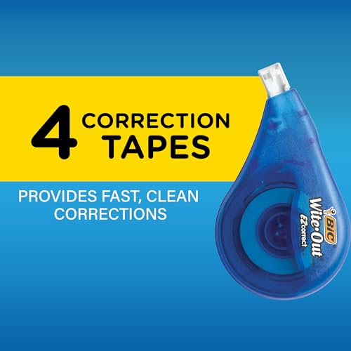 BIC White-Out Brand EZ Correct Correction Tape, 39.3 Feet, 4-Count Pack of white Correction Tape, Fast, Clean and Easy to Use Tear-Resistant Tape