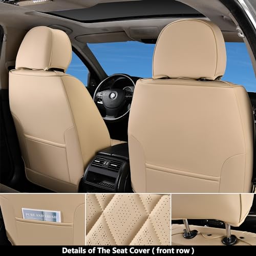 Coverado Front Seat Covers, 2 Pieces Universal Seat Covers for Cars, Luxury Faux Leather Waterproof Seat Covers, Car Seat Protector, Driver Seat Cover Auto Accessories Fit for Most Vehicles, Beige