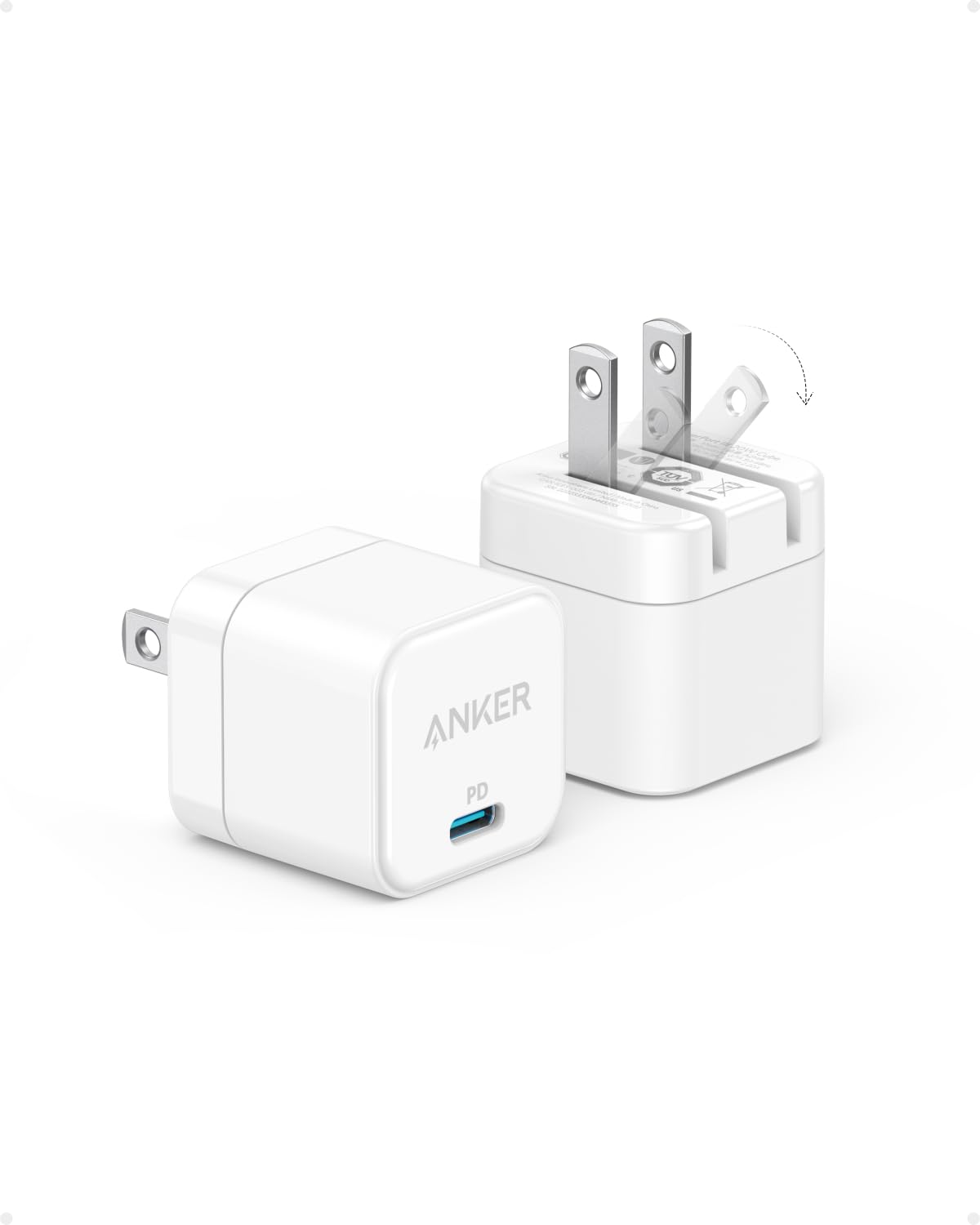 Anker USB C Charger with Foldable Plug, 20W USB C Charger Block for iPhone 16 / 15 and More Series, Galaxy, Pixel, iPad (Cable Not Included, 2 Pack)