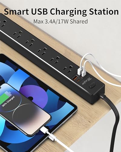 6 Ft Power Strip Surge Protector - 7 Outlets 4 USB Ports (2 USB C), Maxpw Ultra Thin Flat Extension Cord & Flat Plug, 1700 Joules, Wall Mount, Desk Charging Station for Home Office Dorm, Black