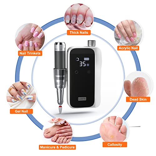 KARITE Nail Drill for Acrylic Nails Professional, 35000RPM Portable Nail File, Electric Nail Drill Machine 24H Working Time, Coreless Motor and 12 Bits, for Nail Art Manicure Pedicure, Low Noise