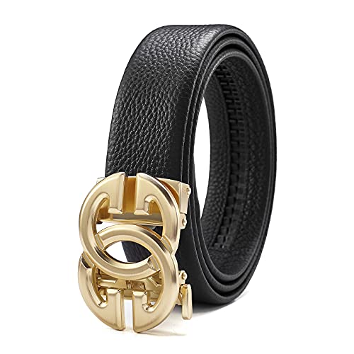 ARIMIA Fashion Mens Real Leather Ratchet Belt Black Adjustable Length Full Grain Soft Genuine Cowhide Strap 1.5 Inch Wide (Black Gold, Adjustable from 26" to 44" Waist)