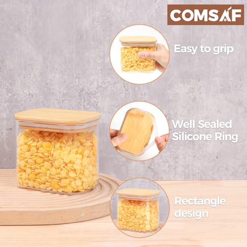 ComSaf 26oz Rectangle Glass Storage Containers with Lids, Glass Jars with Bamboo Lids, Clear Food Storage Jar, Sugar Coffee Containers, Small Pantry Storage Container for Tea Candy Nuts Spices Oat