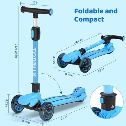 TONBUX Kids Scooter, Light Up 3 Wheel Scooters for Kids 5-7, Folding Toddler Scooter with Adjustable Height, Lean-to-Steer & Widen Anti-Slip Deck - Blue