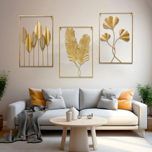 YZDTECH Large Gold Metal Wall Decor, 24" X 16" Golden Leaf Wall Hanging Decor with Frame, Wall Ornaments, Golden Metal Art Wall Sculpture for Living Room, Office, Home, Hotel