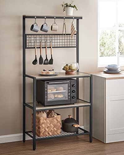 VASAGLE Bakers Rack, Coffee Bar, Kitchen Storage Shelf Rack with 10 Hooks, 3 Shelves, Adjustable Feet, for Microwave Oven, 15.7 x 33.1 x 66.9 Inches, Industrial, Greige and Black UKKS017B02