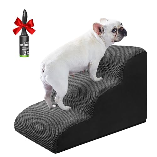 Dog Stairs Ramps for Small/Medium Dogs to Beds and Couch Up to 24'', 4-Step Dog Steps with Sturdy High-Density Foam, Pet Stairs with Non-Slip Bottom for Puppy and Cat, with Hair Remover Roller, White