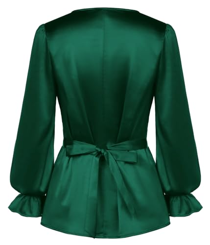 Belle Poque Black Satin Tops for Women Long Sleeve Cowl Neck Silk Peplum Blouse Dressy Elegant S