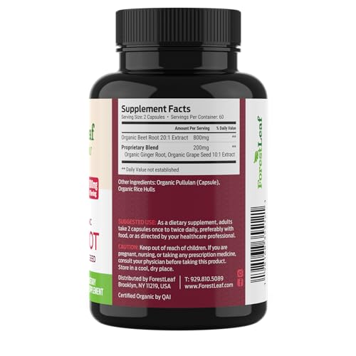 ForestLeaf Organic Beet Root Capsules - with Ginger & Grape Seed 16000mg Strength 20:1 Extract, Supports Nitric Oxide Production, Beets Supplements with Organic Non-GMO Beetroot Powder 120 Veggie Caps