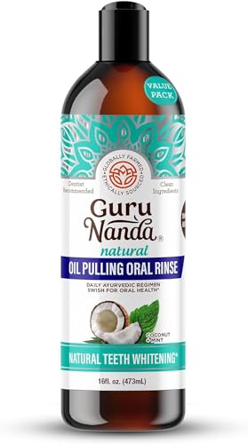 GuruNanda Coconut Oil Pulling with 7 Essential Oils and Vitamin D3, E, K2, Helps with Fresh Breath, Teeth & Gum Health & More - 16 fl oz