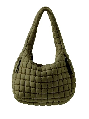 Puffer Quilted Shoulder Bag for Women Padding Shoulder Bag Puffy Hobo Bag Trendy Tote Bag 2024, Army Green