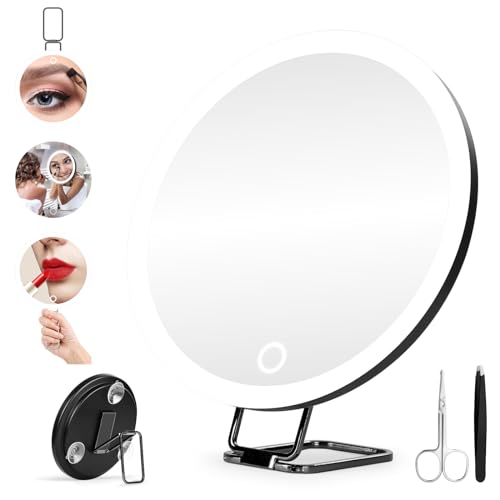 5X Makeup Magnifying Mirror with Lights, 6'' Magnifying Mirror with 3 Color Lights Dimmable Makeup Mirror with 5X Magnification, Lighted Travel Magnifying Mirror with Suction Cups and Adjustable Stand