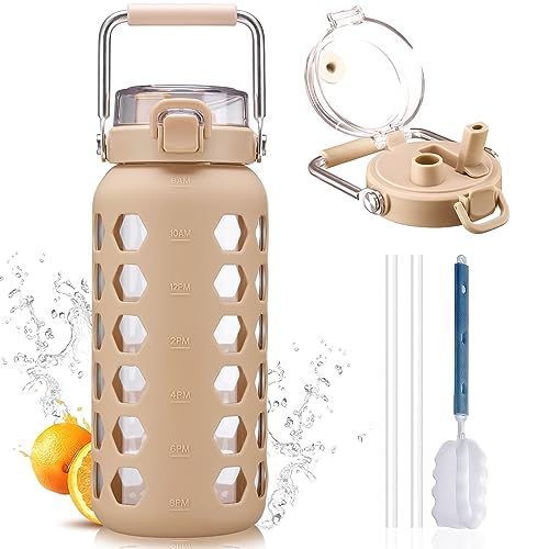 MUKOKO 64oz Glass Water Bottles with Straw and Lid,Half Gallon Water Bottle with Time Marker,Large Glass Water Jug with Silicone Sleeve and Stainless Steel Handle-Amber