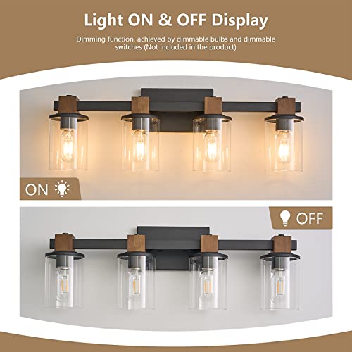 PUNSOKO Farmhouse Vanity Light Fixture, 3 Light Bathroom Wood Wall Light Over Mirror with Clear Glass Shade, Rustic Bathroom Vanity Light (Antique Wood, 3-Light)
