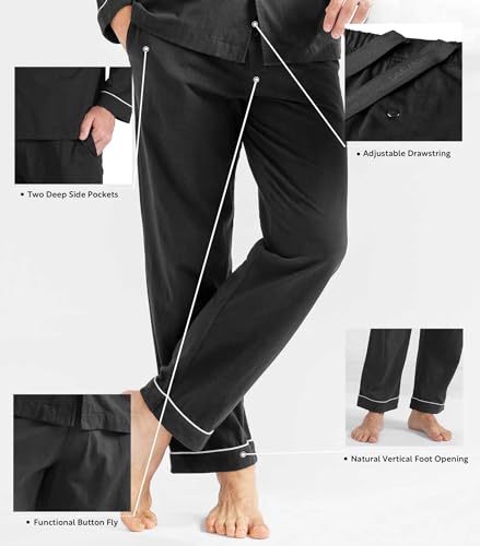 DAVID ARCHY Mens Pajamas Set Soft Cotton Notched Collar Pajamas for Men Long Sleeve Mens Sleepwear with Pockets & Front Fly (S, Black)