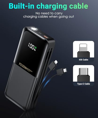 Power-Bank-Portable-Phone-Charger - 40000mAh Power Bank PD30W Fast Charger Built-in 2 Detachable Output Cables, Flashlight and LED Display for iPhone and Android Phones and Most Electronic Devices