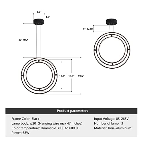 Fang Yan Mei Modern Black Chandelier Round Chandeliers LED Pendant Light,Contemporary Chandelier Hanging Light Dimmable for Dinning Room,Kitchen,Bedroom,Living Room 68W 3000-6000k 3rings