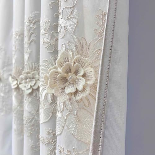 European Beige Double Layer Blackout Curtain for Bedroom Living Room Grommet Top Elegant Floral Beaded Embroidery Sheer Voile Plus Thick Shading Thermal Insulated Cloth Curtains 1PC W50 L84 inch