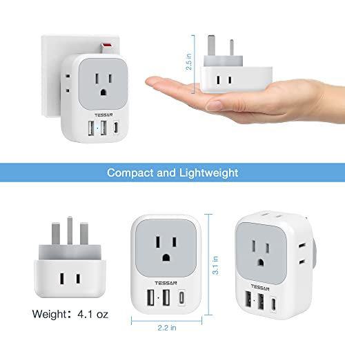 US to UK Plug Adapter, TESSAN Type G Travel Converter with 3 USB Charger(1 USB C Port), 4 Outlets Power Adaptor for USA to Qatar Ireland Hong Kong England Scotland Kenya Dubai London British