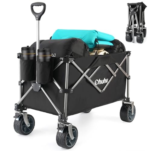 Wagon Cart Foldable Utility Wagons: Ohuhu 200L/440LB Capacity Beach Wagon with Big Wheels for Sand, Collapsible Folding Garden Carts, Heavy-Duty Grocery Wagons for Sports Camping Picnic Shopping